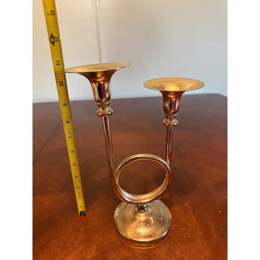 Vintage Brass French Horn Double Taper Candle Holder Musical Candelabra Gold 10
